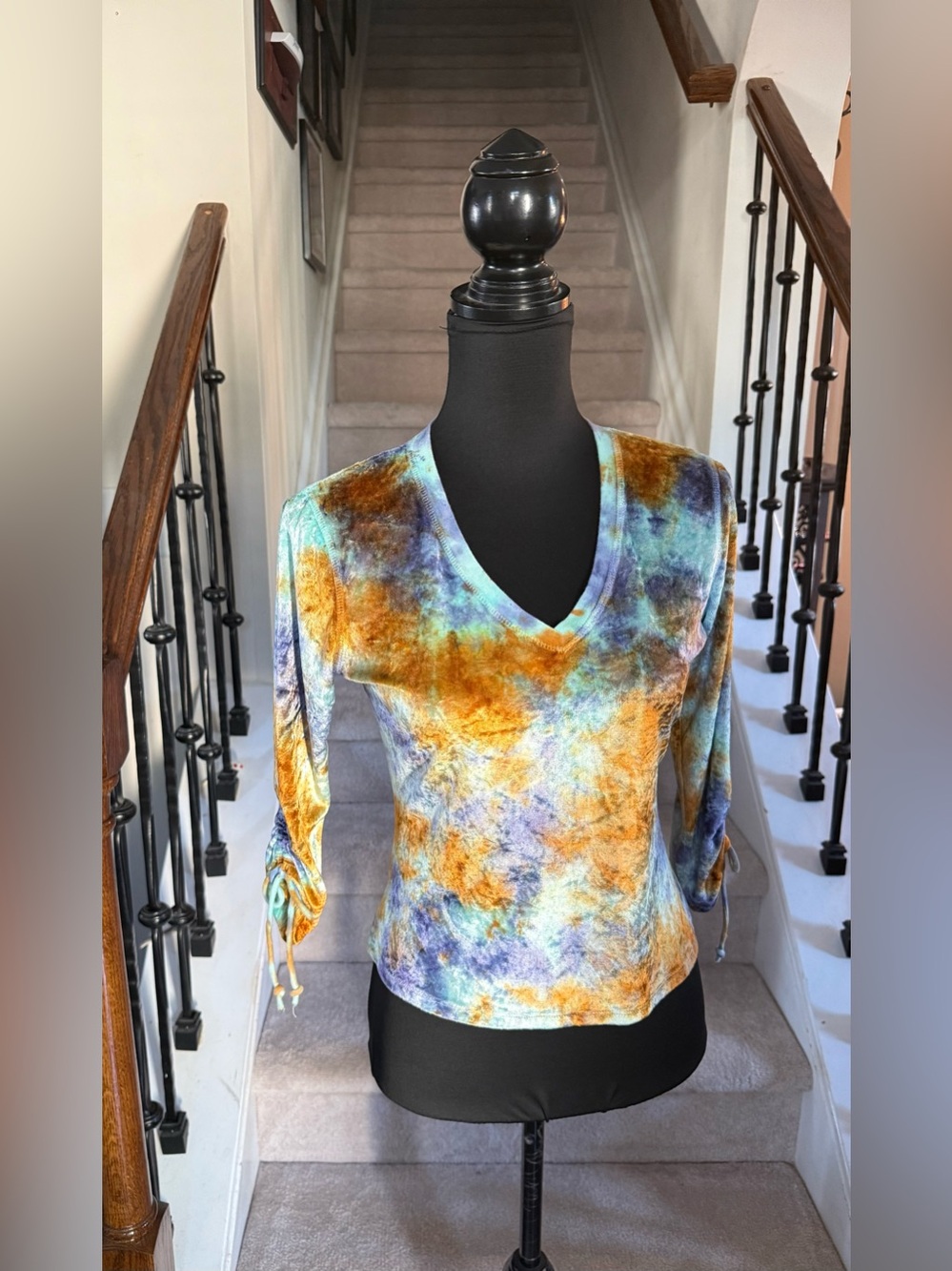 Red Haute Vintage V-Neck Top in Aqua,Purple & Gold Tie-Dye